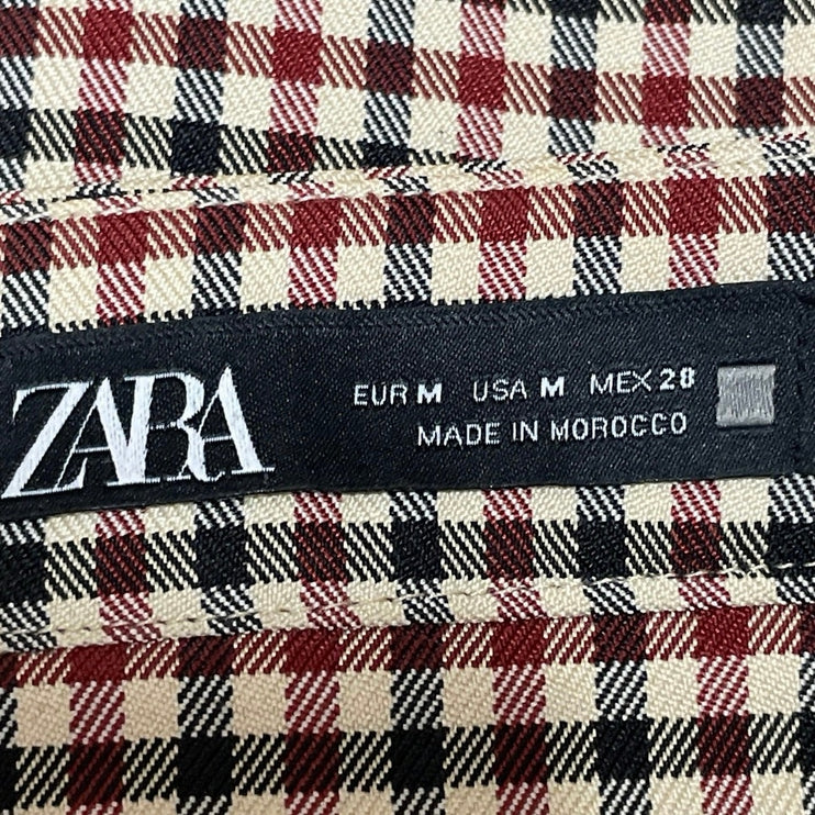 Zara Brown Plaid Checkered Button Down Pleated Mini Straight Pencil Skirt Size M