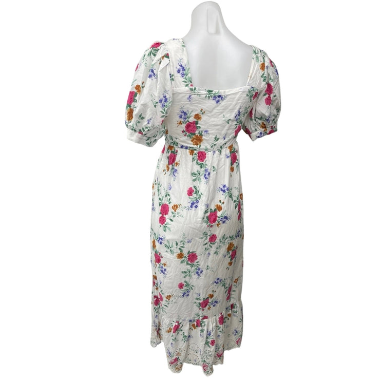 L.O.V White Multicolor Floral Puff Sleeve Square Neck Tie Waist Midi Dress Sz S