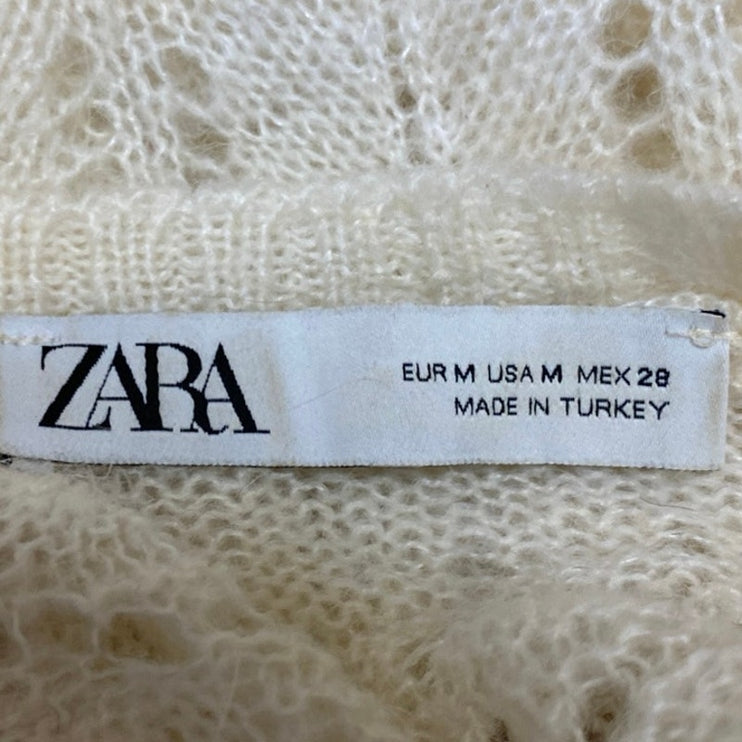 Zara Women's Cream White Lace Crochet Long Sleeve Crewneck Sheer Sweater Top M