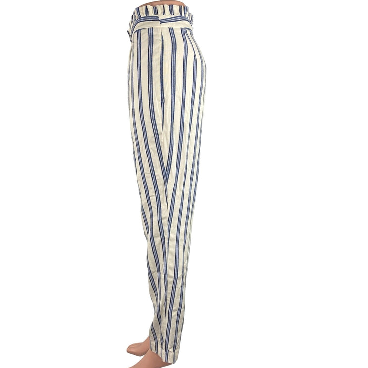 Express Blue White Stripe Ruffle High Rise Straight Leg Paperbag Trouser Pants 2