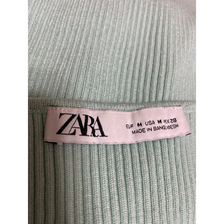 Zara Women's Green Rib Knit Square Neck Long Sleeve Button Crop Sweater Top Sz M