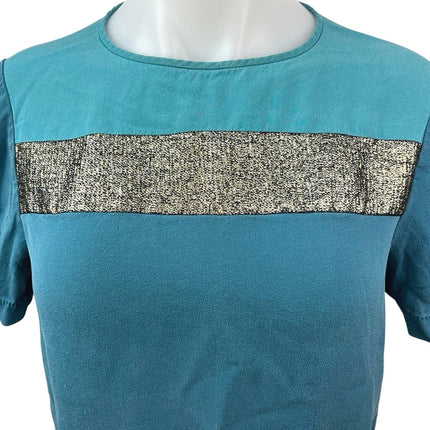 Diane von Furstenberg Blue Metallic 100% Silk Colorblock T Shirt Tee Top Size 8