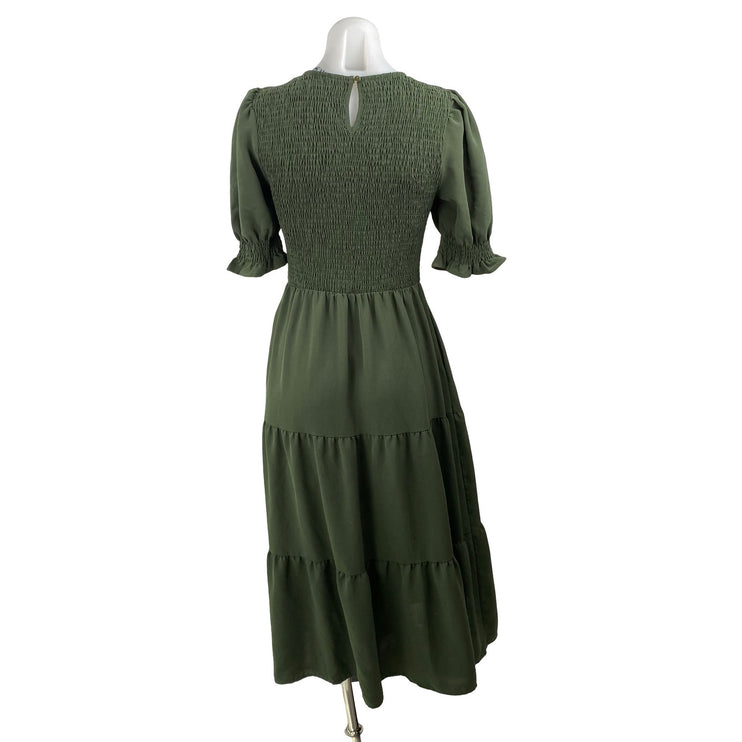 BTFBM Women's Green Smocked Short Puff Sleeve Tiered A Line Maxi Dress Size S