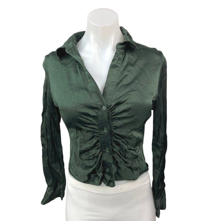 Zara Green Silk Satin Ruched Button Collar Long Sleeve Crop Shirt Blouse Top M