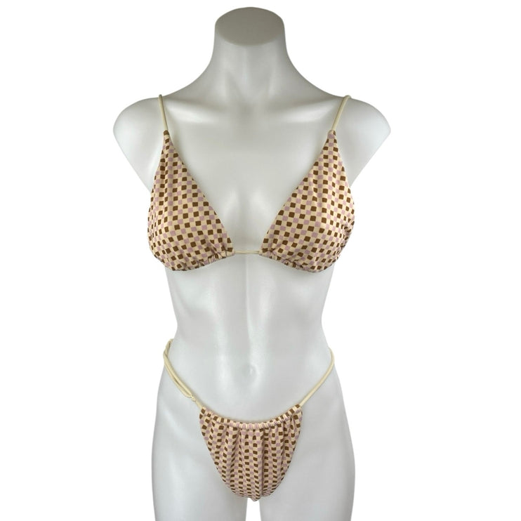 Pacsun Beige Purple Gingham Check Triangle One Piece Bikini Swimsuit Swimwear M