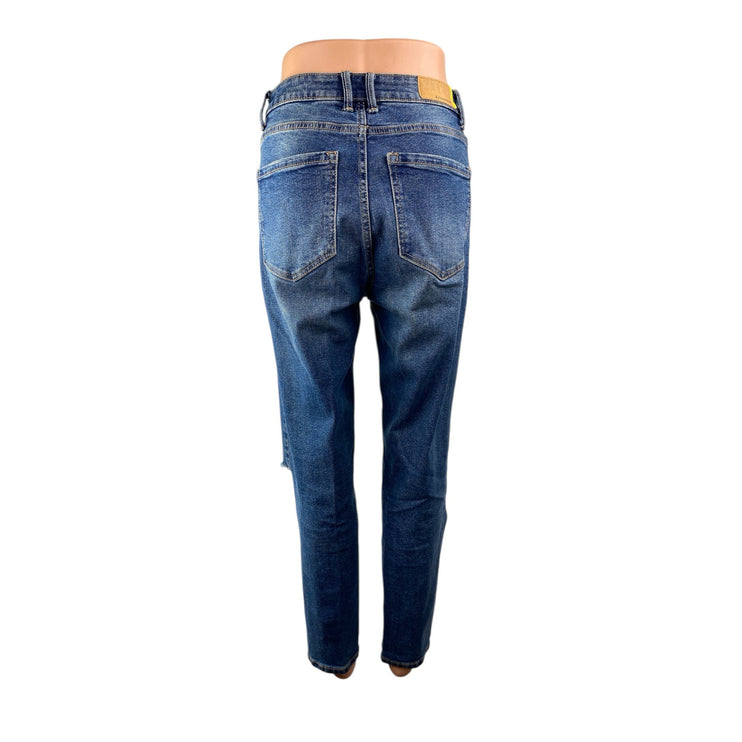 Stradivarius Womens Blue Distressed Slim Fit Straight Leg Mom Denim Jeans Size 6
