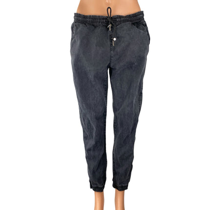 Zara Women's Black Washed Mid Rise Tapered Jogger Utility Denim Jeans Size M