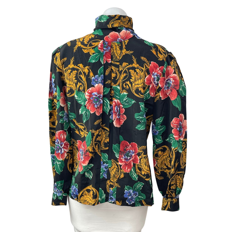 Tess Women's Black Multicolor Floral Long Sleeve Henley Button Blouse Top Size 4