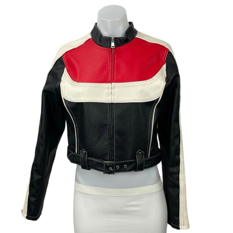 Urban Outfitters Jordan Black Red Faux Leather Crop Moto Racer Jacket Size S/M