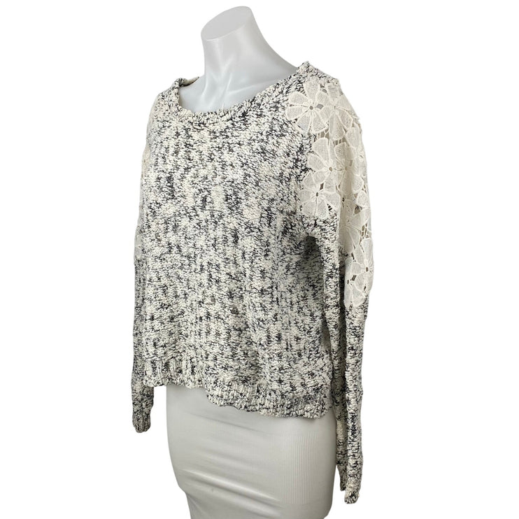 Paper Women's Black White Floral Lace Trim Long Sleeve Sweatshirt Sweater Top M