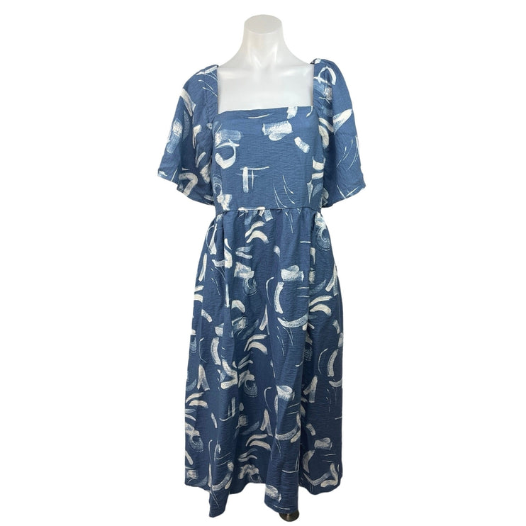 A New Day Swirls Print Blue Square Neck Short Flutter Sleeves Midi Dress Sz XXL