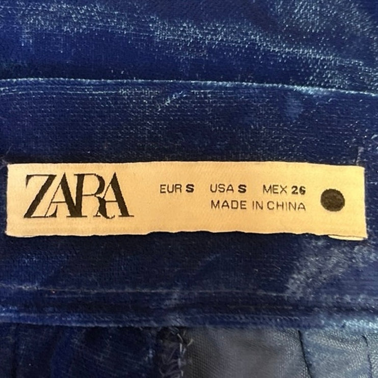 Zara Blue Velvet Velour High Waist Wide Flared Leg Crop Ankle Trousers Pants S