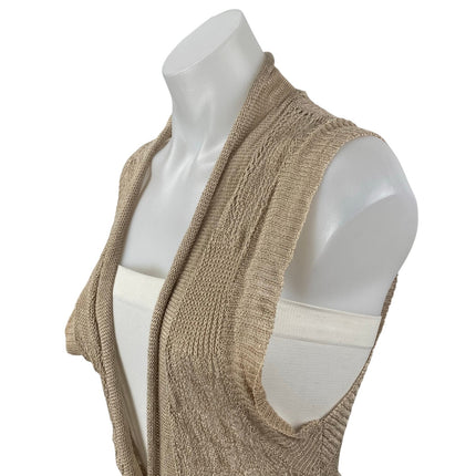Cupio Beige Linen Sleeveless Tie Front Pointelle Longline Sweater Cardigan Top L
