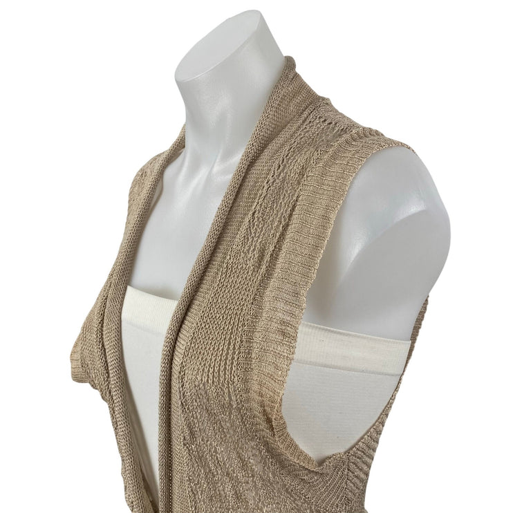 Cupio Beige Linen Sleeveless Tie Front Pointelle Longline Sweater Cardigan Top L