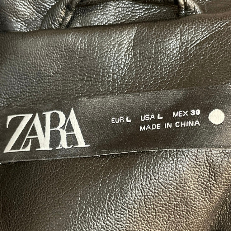 Zara Women Black Faux Leather Vegan Peak Lapel Relaxed Blazer Coat Jacket Size L