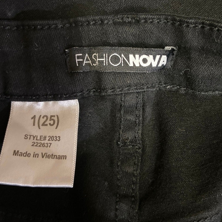 Fashion Nova Black High Rise Bootcut Ripped Knee Distressed Stretch Jeans Sz 25