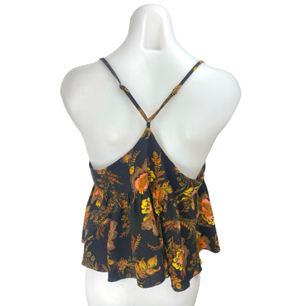 Urban Outfitters Black Floral Sleeveless Tie Wrap Ruffle Blouse Tank Crop Top S