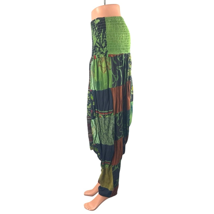 Advance Women's Green Patchwork Floral Smocked Boho Hippie Harem Pants Size OS