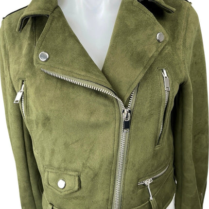 Zara Olive Green Suede Asymmetrical Zip Up Crop Moto Biker Jacket Blazer Coat XS