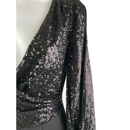 Ever New Black Sequin Long Sleeve V Neck Pleated Wide Leg Wrap Romer Jumpsuit S
