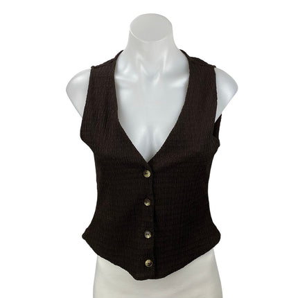Zara Women Brown Sleeveless Crinkle Knit V Neck Button Up Vest Blouse Top Size S