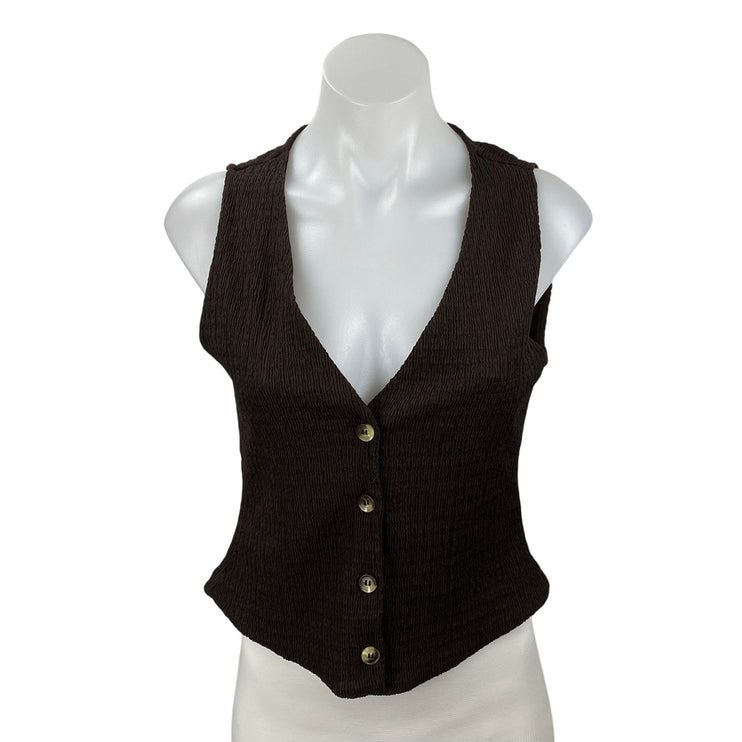 Zara Women Brown Sleeveless Crinkle Knit V Neck Button Up Vest Blouse Top Size S