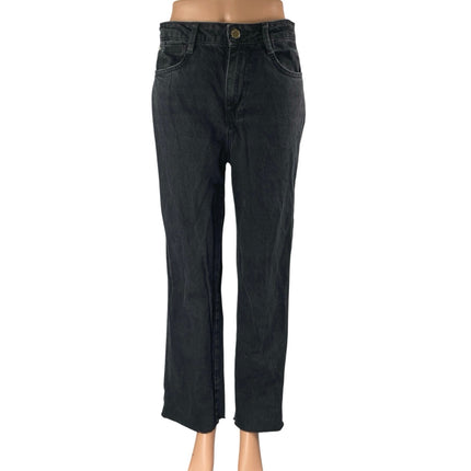 Zara Women's Black High Waisted Straight Leg Frayed Raw Hem Denim Jeans Size 6