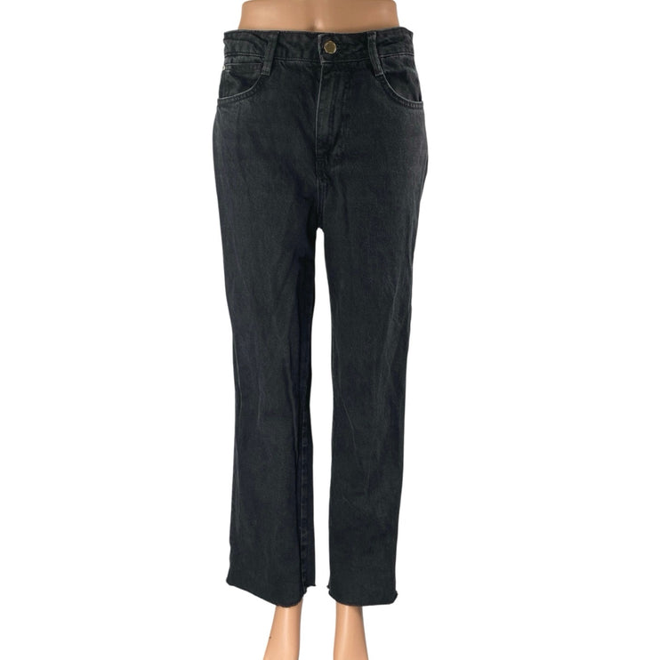 Zara Women's Black High Waisted Straight Leg Frayed Raw Hem Denim Jeans Size 6