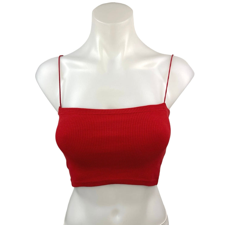 Zara Red Ribbed Knit Stretch Square Neck Thin Strap Camisole Crop Tank Top Sz S