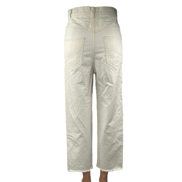 Isabel Marant Women's Cream Raw Hem High Rise Wide Leg Cropped Denim Jeans Sz 34