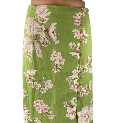 Zara Women's Green Linen Floral Buttons Slit Midi Maxi Straight Pencil Skirt S
