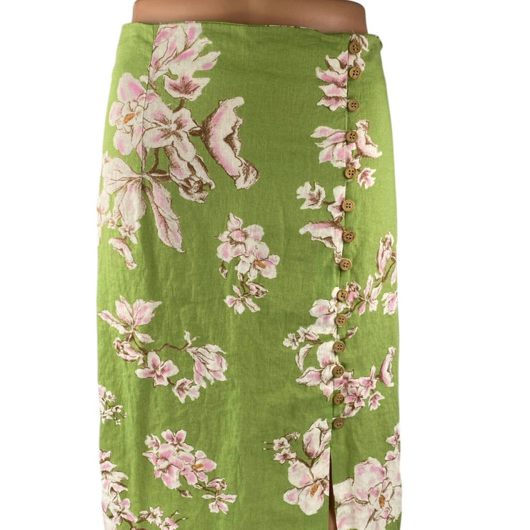 Zara Women's Green Linen Floral Buttons Slit Midi Maxi Straight Pencil Skirt S
