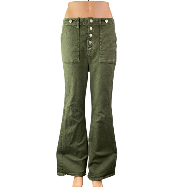 Made and Loved LOFT Green Button Fly Flared Bootcut Bell Bottom Denim Jeans Sz 8