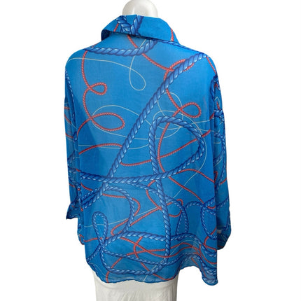 Zara Blue Nautical Print Oversized Long Sleeve Button Down Blouse Shirt Top Sz M