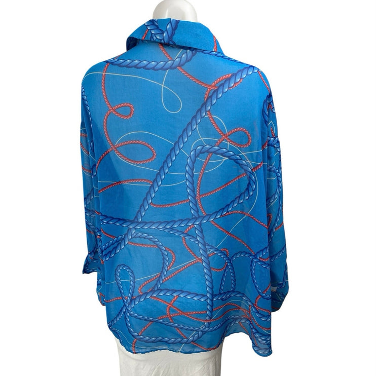 Zara Blue Nautical Print Oversized Long Sleeve Button Down Blouse Shirt Top Sz M