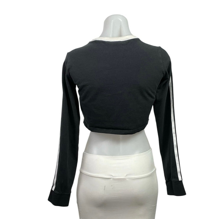 Adidas Women's Black White Striped Trefoil Logo Long Sleeve Crew Neck Crop Top M