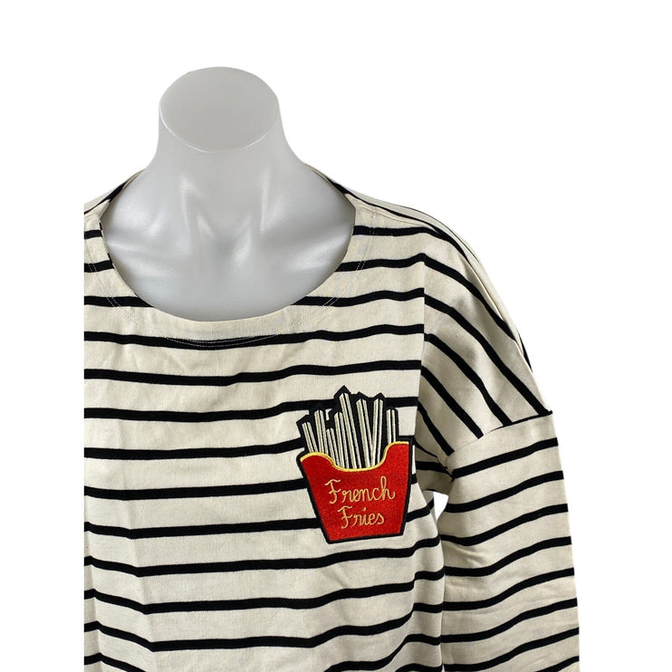 NEW Joanie Women's Black White Striped French Fries Patch Long Sleeve T Shirt S