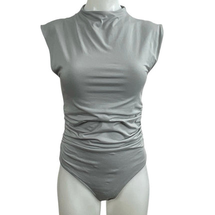 Abercrombie & Fitch Gray Ruched Shell Mock Neck Sleeveless Tank Bodysuit Top M