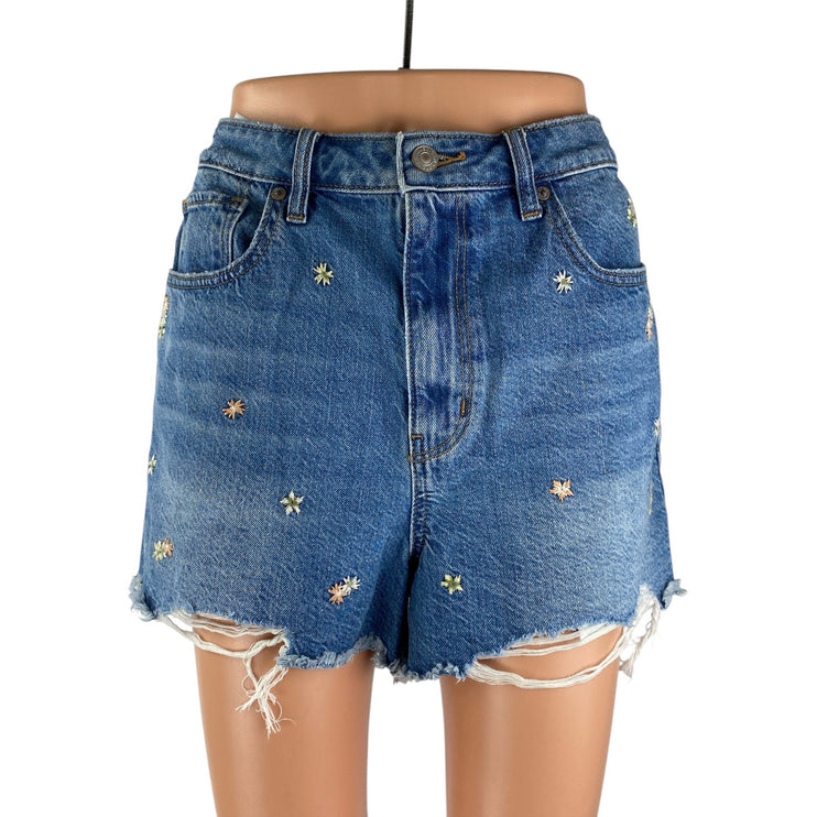 American Eagle Outfitters Blue Floral Embroidered Frayed Cutoff Denim Shorts 12