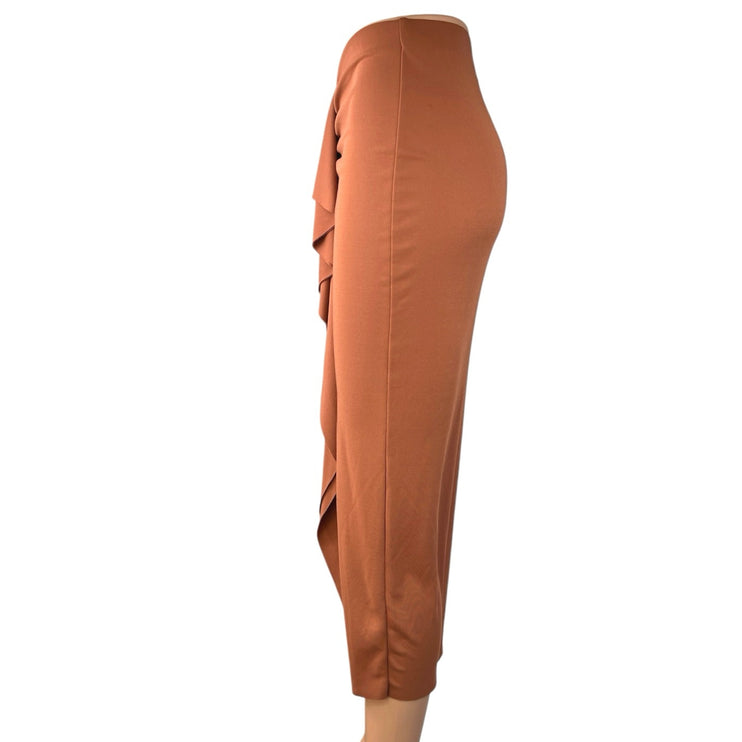 H&M Gusset Panel Brown Ruched Ruffle Draped Jersey Midi Straight Pencil Skirt XS