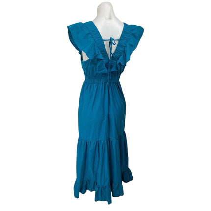 Japna Blue Sleeveless Ruffle V-Neck Elastic Waist Tiered Midi A-Line Dress Sz S