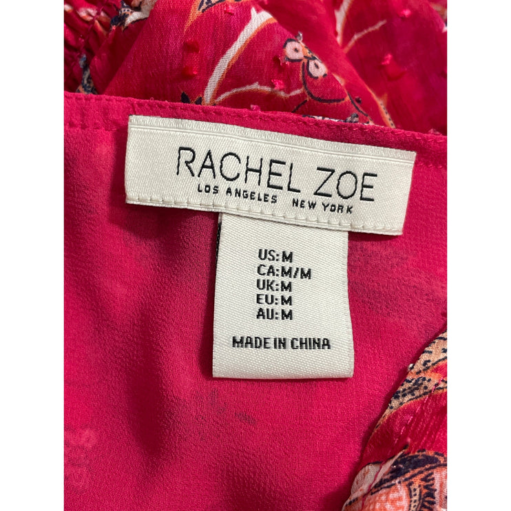 Rachel Zoe Women's Pink Red Floral Short Puff Sleeve V Neck Blouse Top Size M
