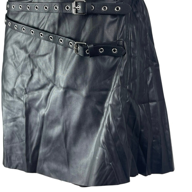 Zara Black Faux Vegan Leather Low Rise Double Belt Mini Flare A-Line Skirt Sz L