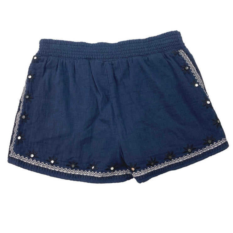 Miami Navy Blue Embroidered Sequin Detail Elastic Waist Pull On Shorts Size S