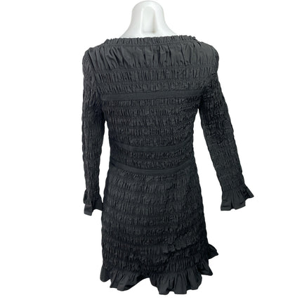 DOEN Cecelia Black Smocked Ruffles Boat Neck Bell Long Sleeve Bodycon Dress L