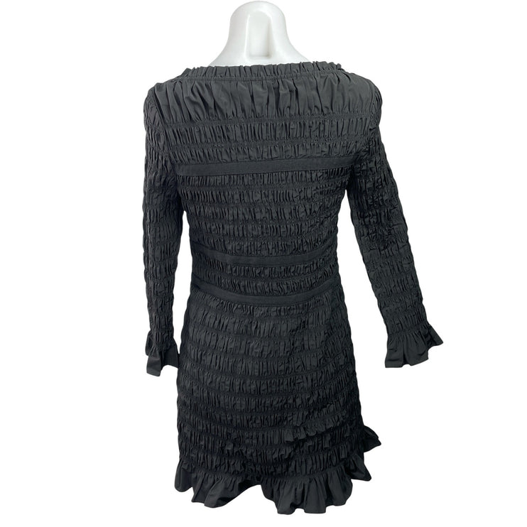 DOEN Cecelia Black Smocked Ruffles Boat Neck Bell Long Sleeve Bodycon Dress L