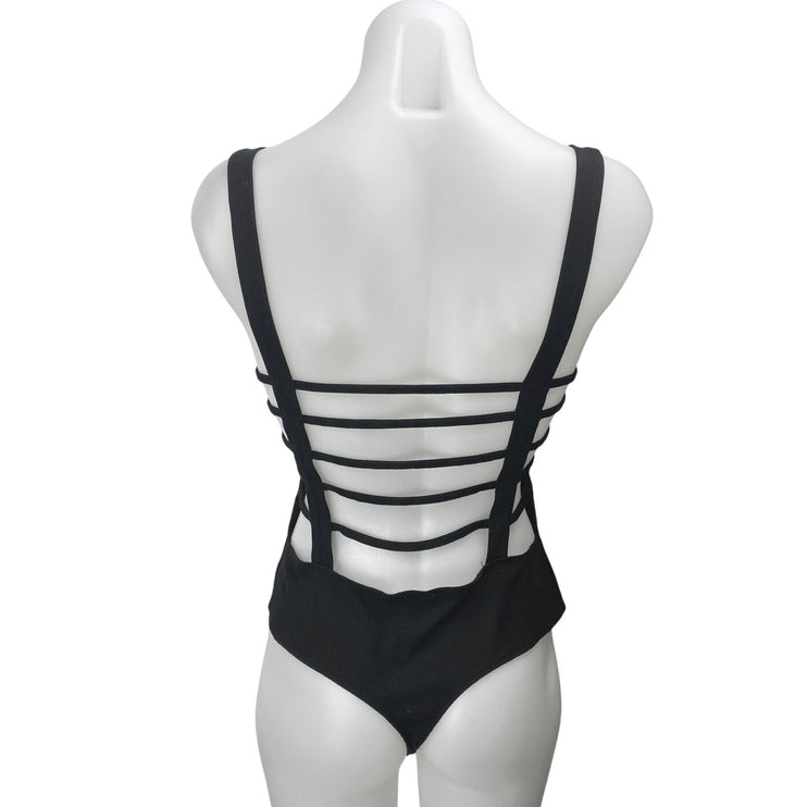 Le Lis Black Sleeveless Ribbed Knit Square Neck Cutout Tank Bodysuit Top Size L