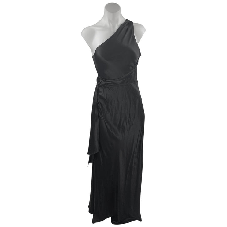 NEW Meshki Black Silk Satin One Shoulder Sleeveless Tie Waist Maxi Dress Size S
