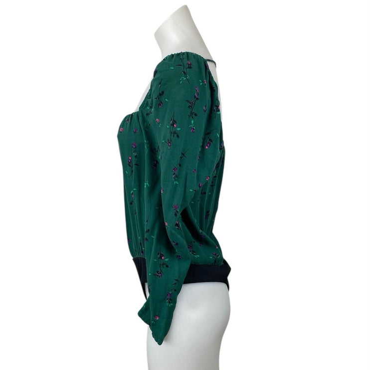 AFRM Green Floral Long Puff Sleeve Peasant Button Up Blouse Bodysuit Top Size M