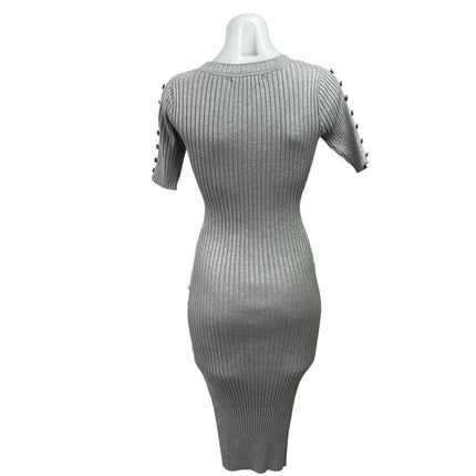 Say What? Gray Rib Knit Crew Neck Gold Button Short Sleeve Midi Bodycon Dress L